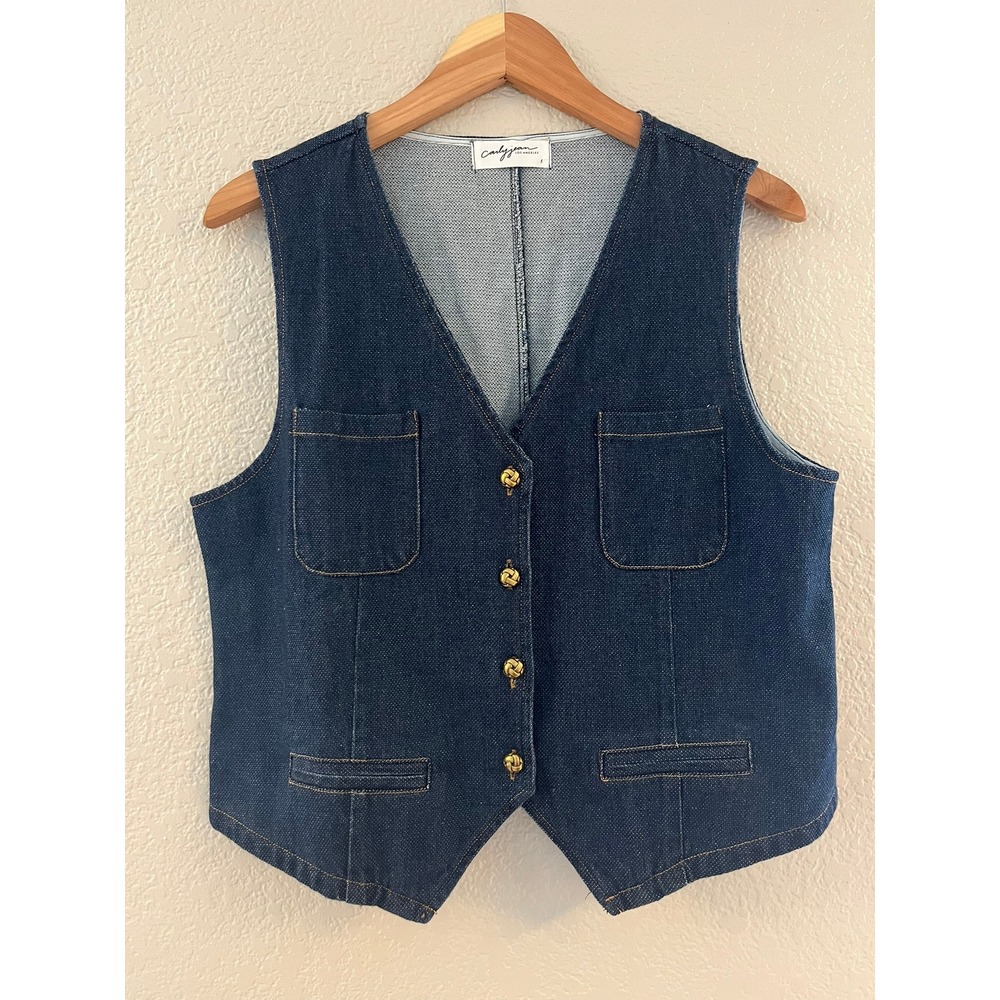 Carly Jean Los Angeles Denim Vest Dark Wash Gold Knot Button Cinch Back Large
